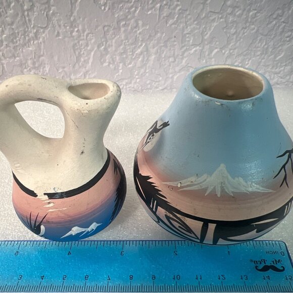 Native American Navajo Pottery Set Of 2 Vases Western Designs by Hathale & Dine - Picture 6 of 6